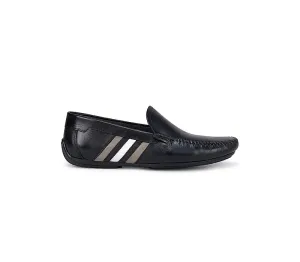 Black Plain Leather Moccasins With Stripes