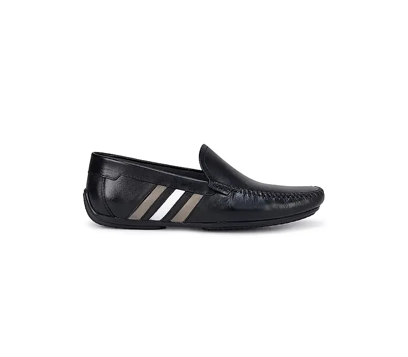 Black Plain Leather Moccasins With Stripes