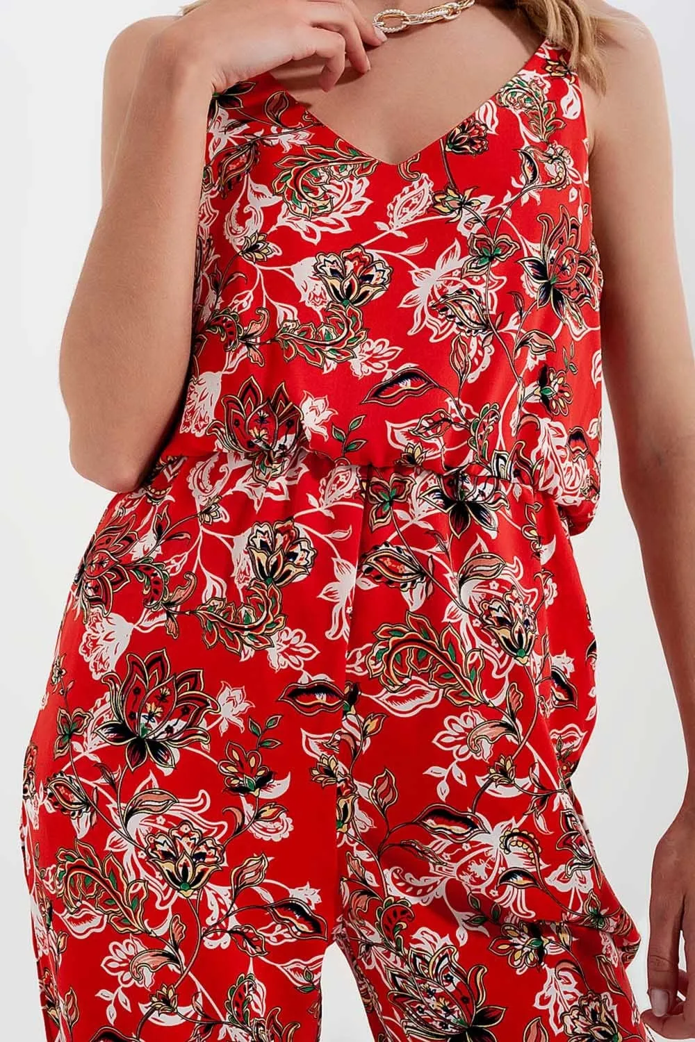 Cami Strap Jumpsuit In Red Floral Print