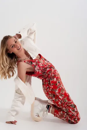 Cami Strap Jumpsuit In Red Floral Print