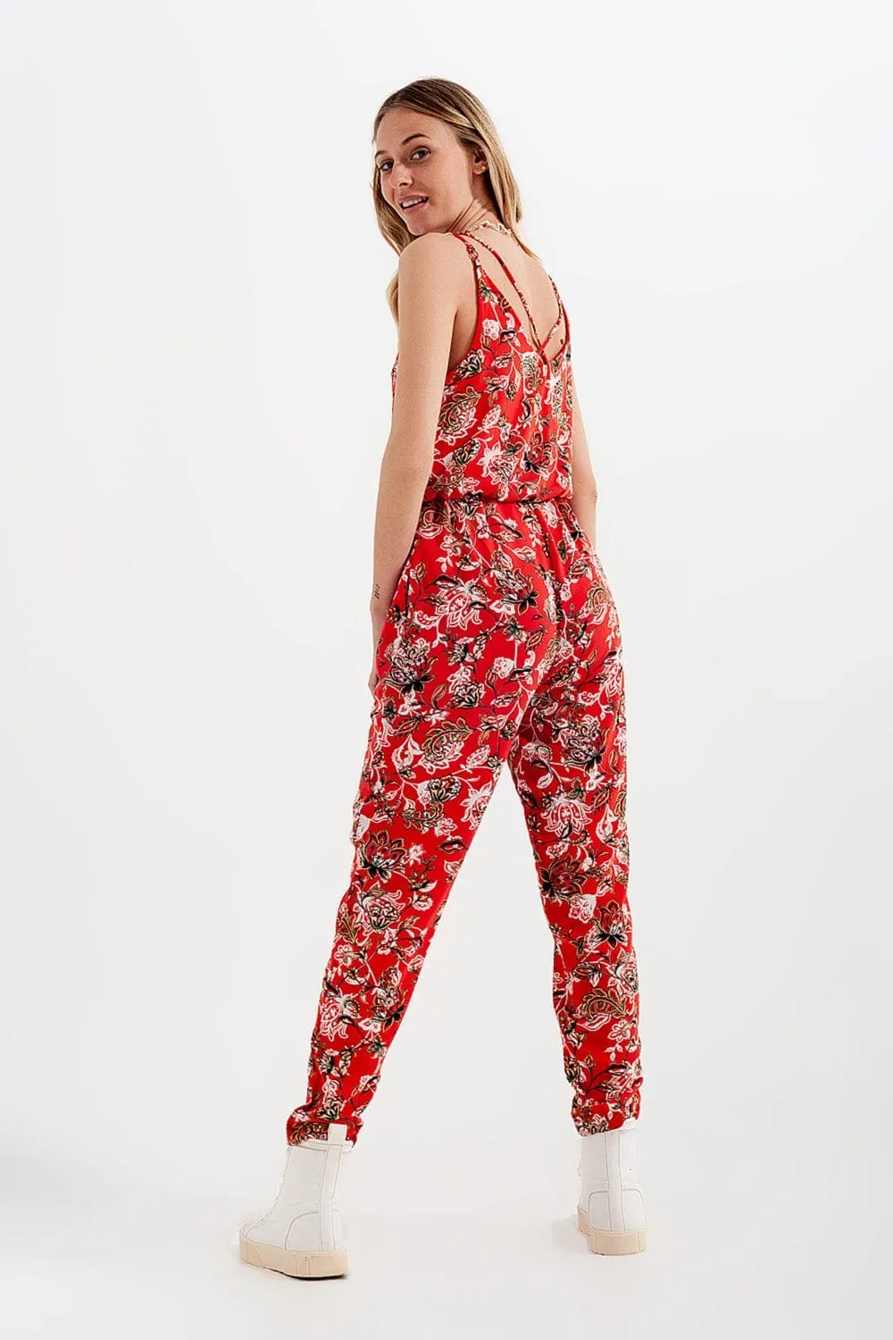Cami Strap Jumpsuit In Red Floral Print