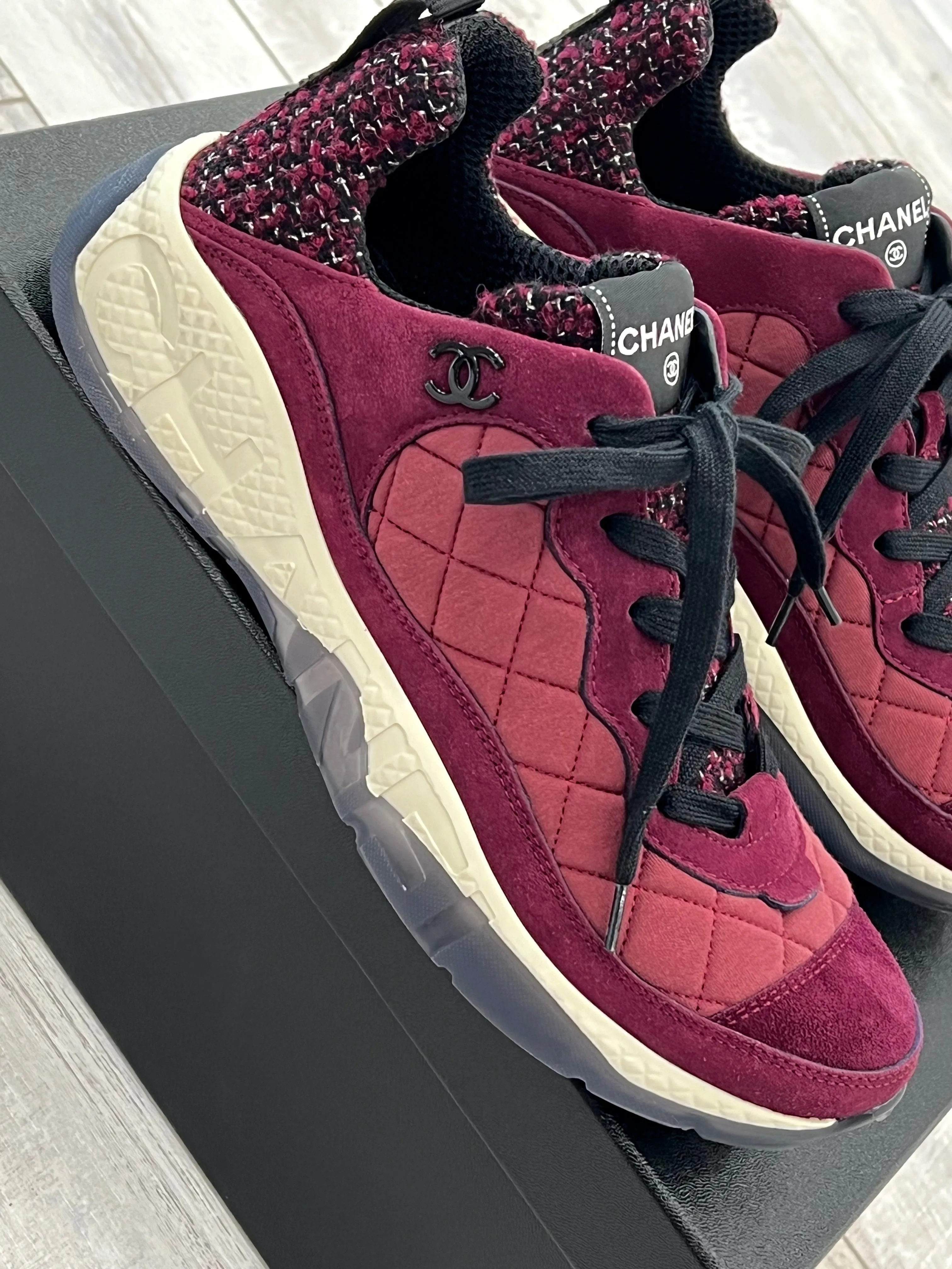 CHANEL CC TWEED SUEDE GRAINED CALFSKIN SNEAKERS