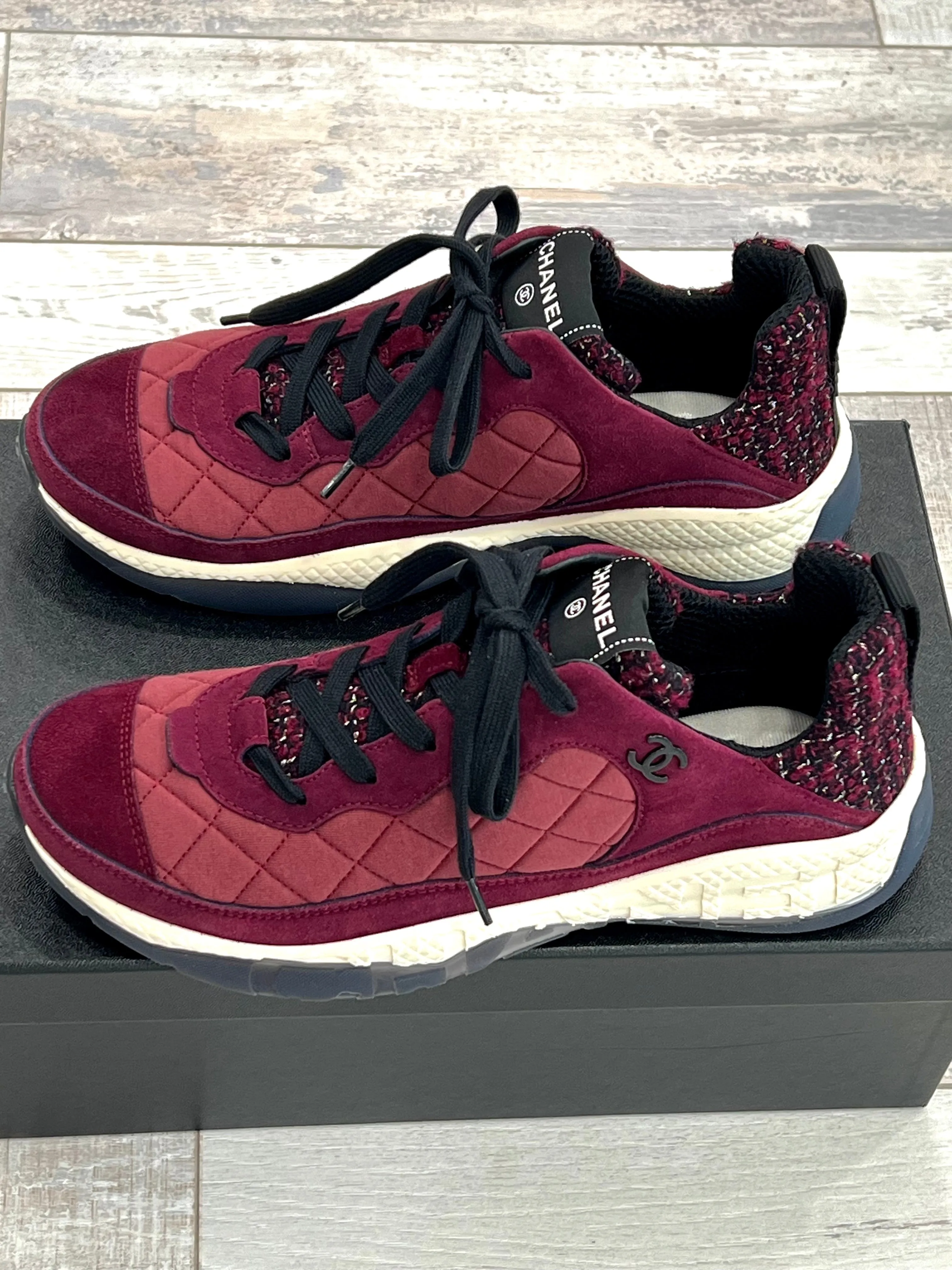 CHANEL CC TWEED SUEDE GRAINED CALFSKIN SNEAKERS