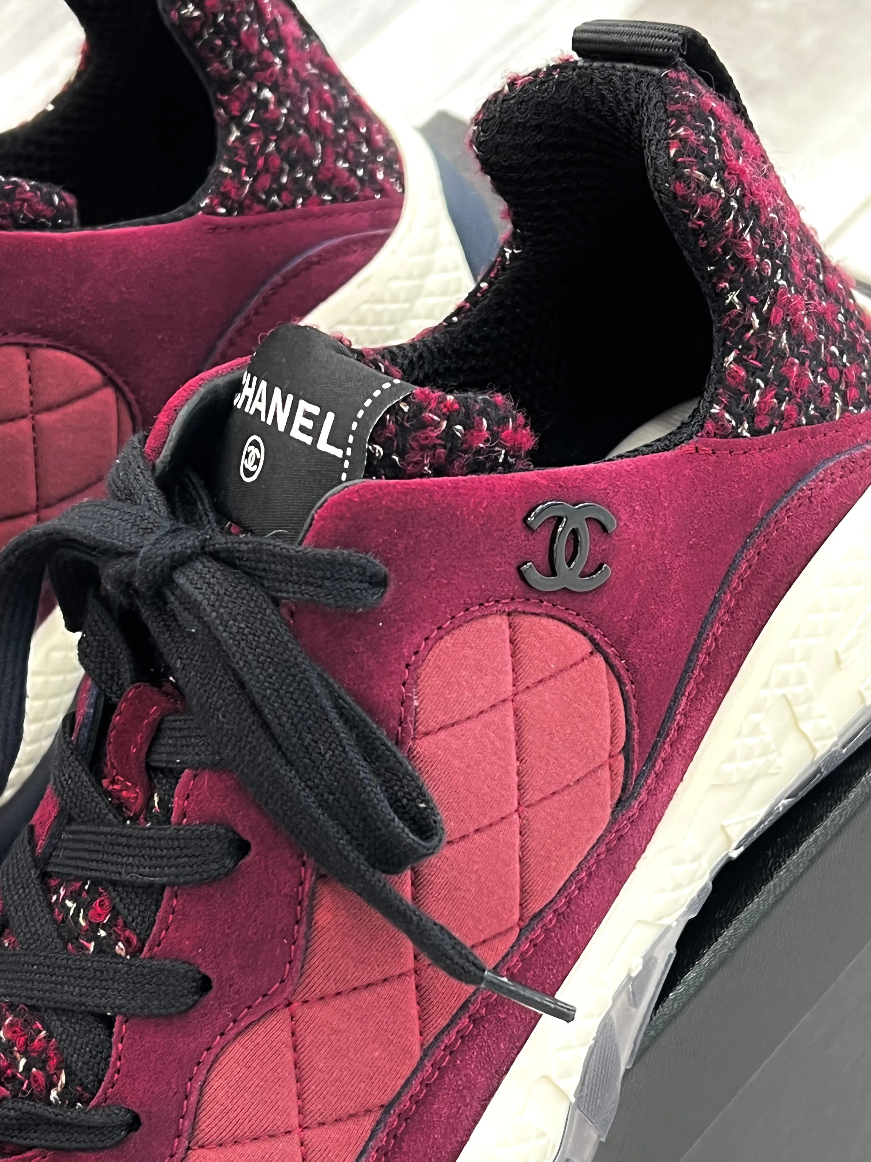 CHANEL CC TWEED SUEDE GRAINED CALFSKIN SNEAKERS