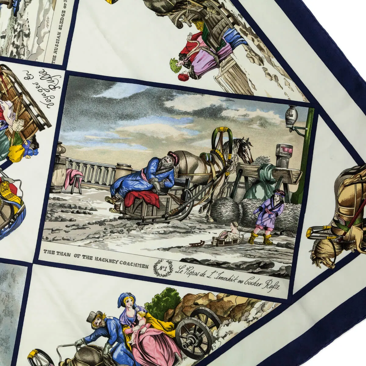 Hermes Navy & White Silk Voyages En Russie Scarf 90