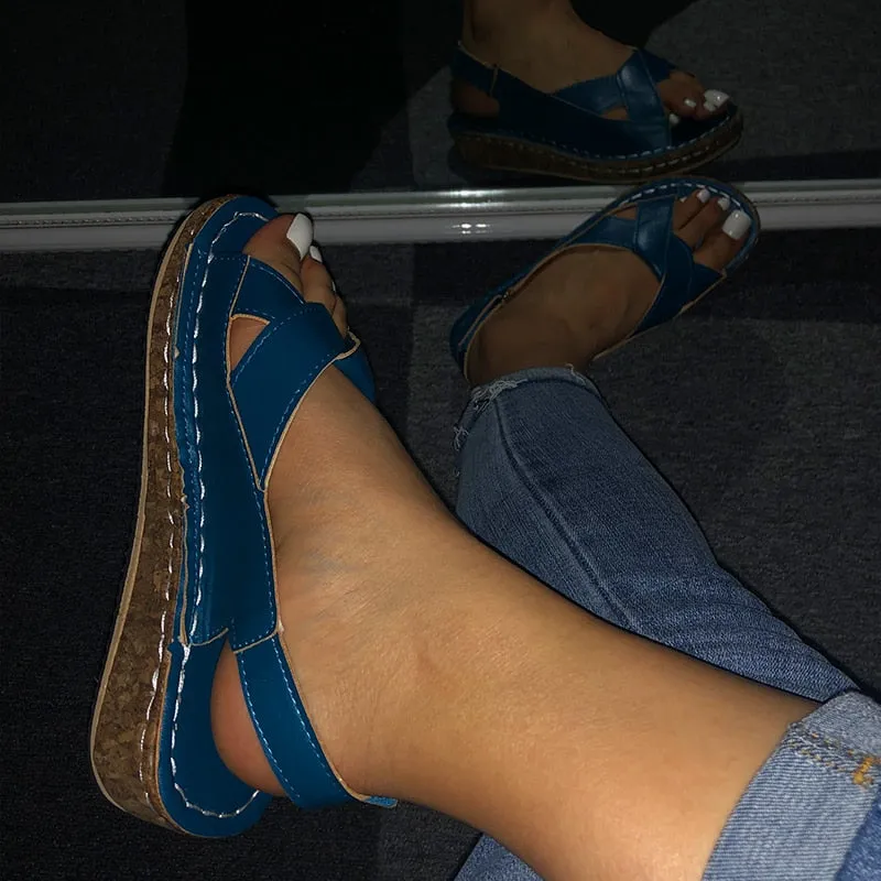 MCCKLE Peep Toe Comfortable Flat Wedge   Sandals