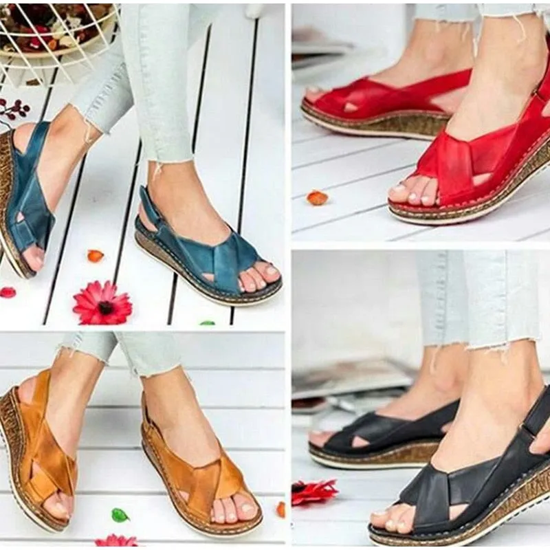 MCCKLE Peep Toe Comfortable Flat Wedge   Sandals