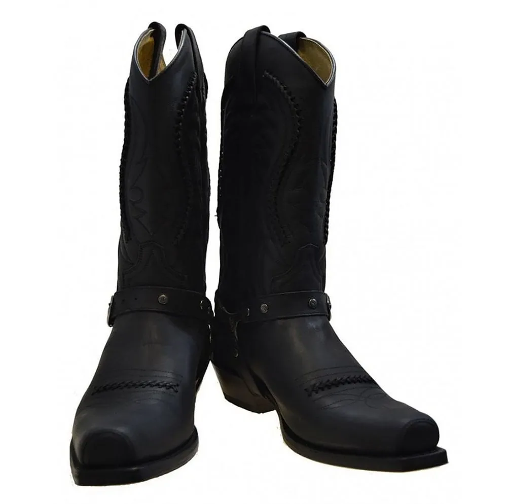 Men's Biker Boots Sendra 3434 Harness Black Leather Cuban Heel