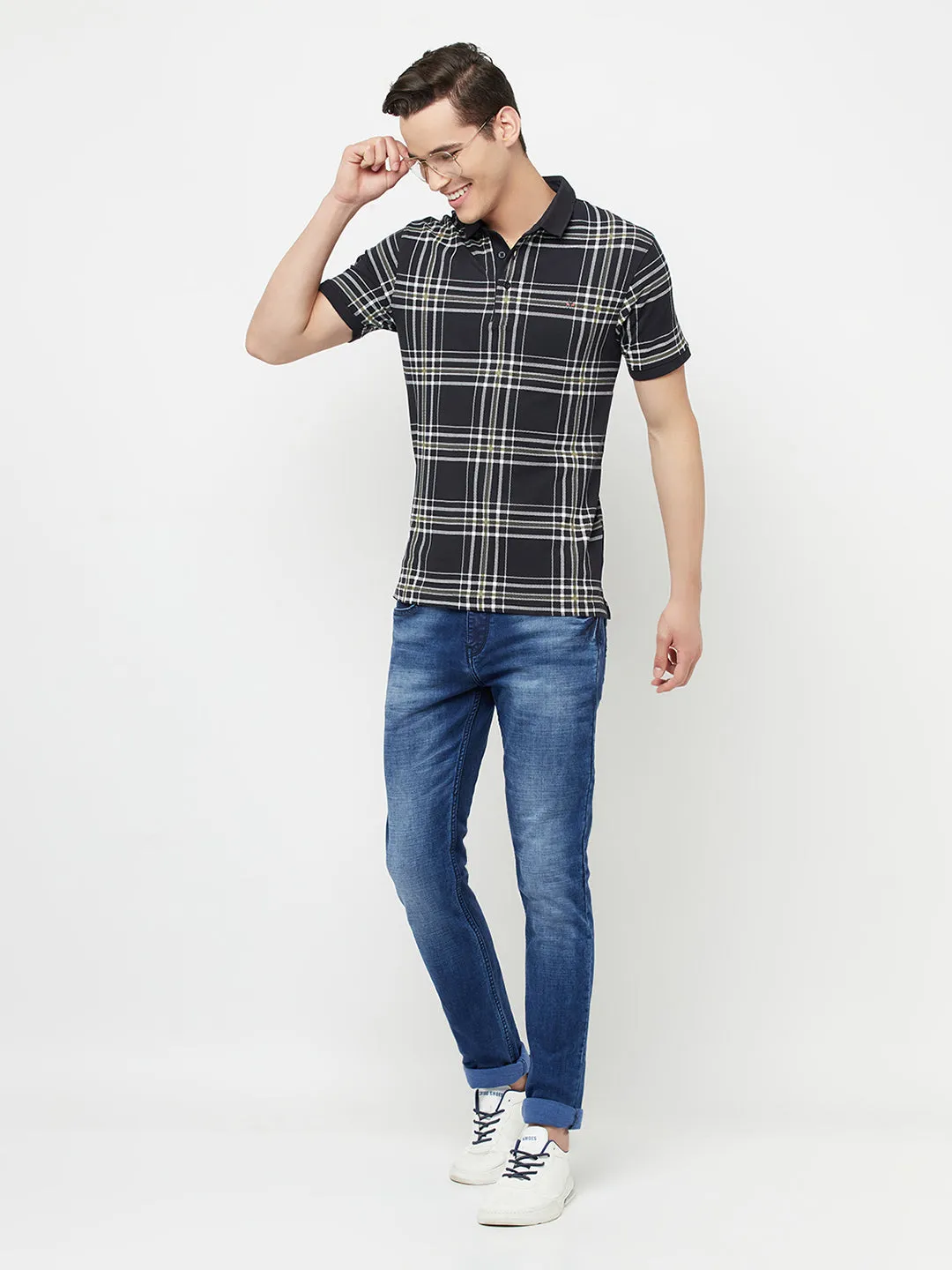 Navy Blue Checked Polo T-Shirt