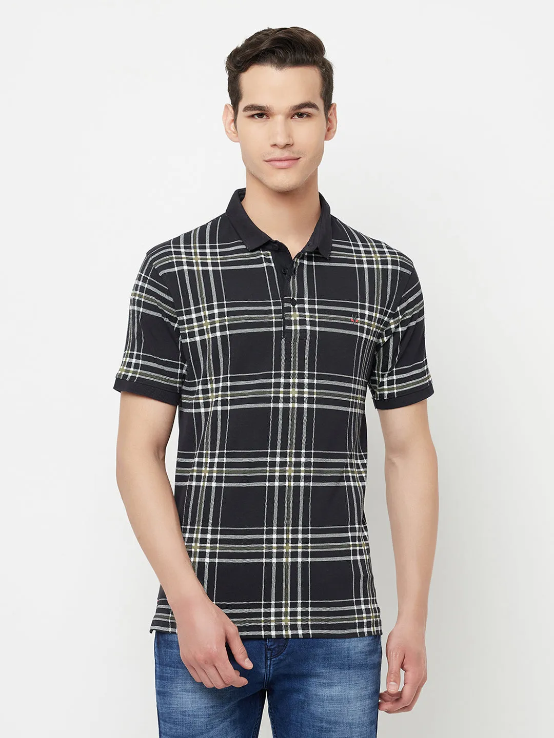 Navy Blue Checked Polo T-Shirt