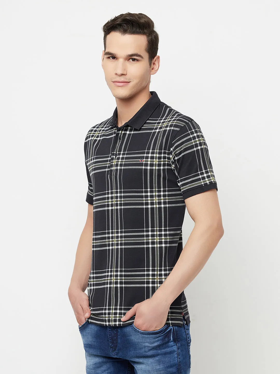 Navy Blue Checked Polo T-Shirt
