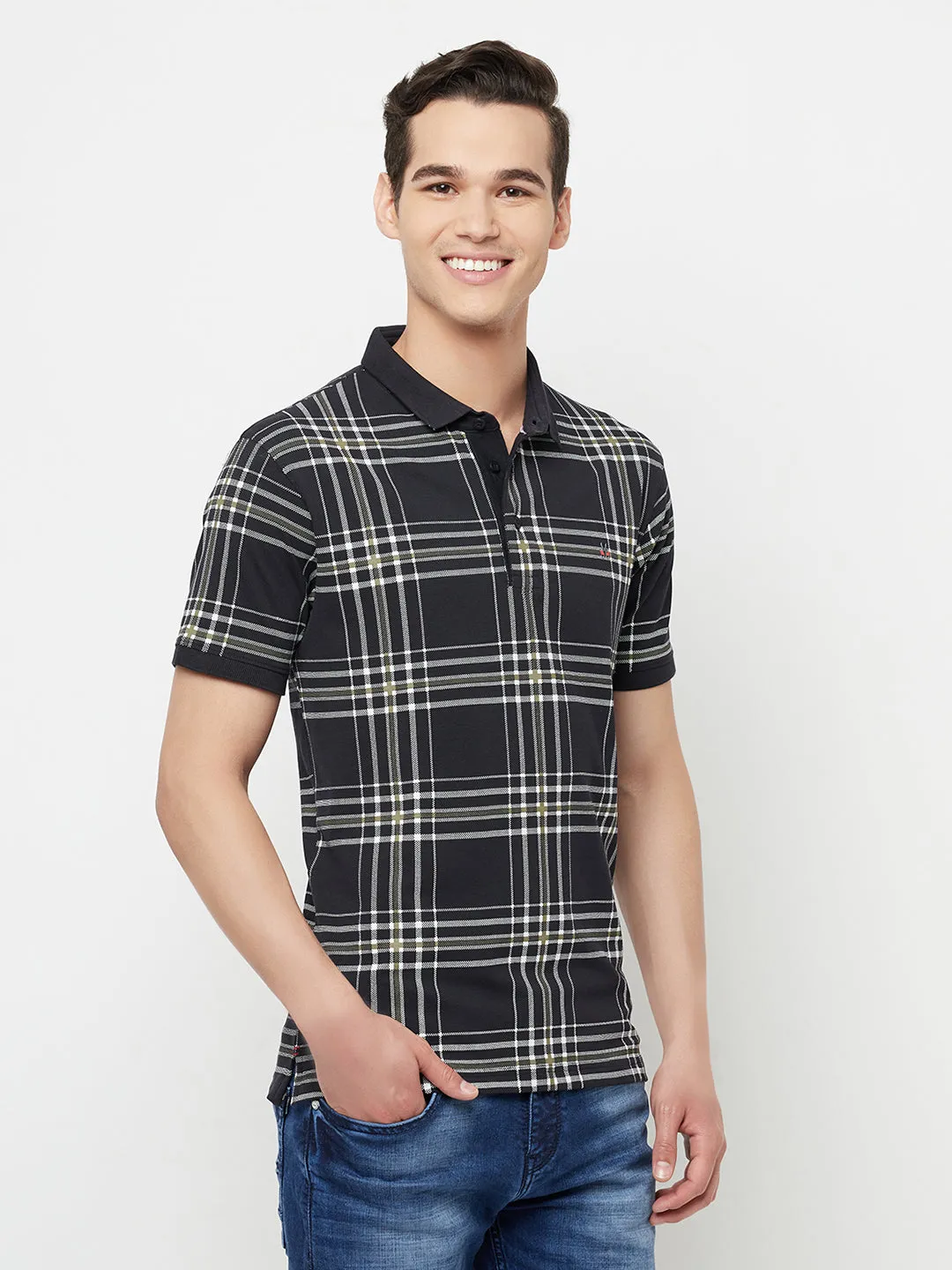 Navy Blue Checked Polo T-Shirt