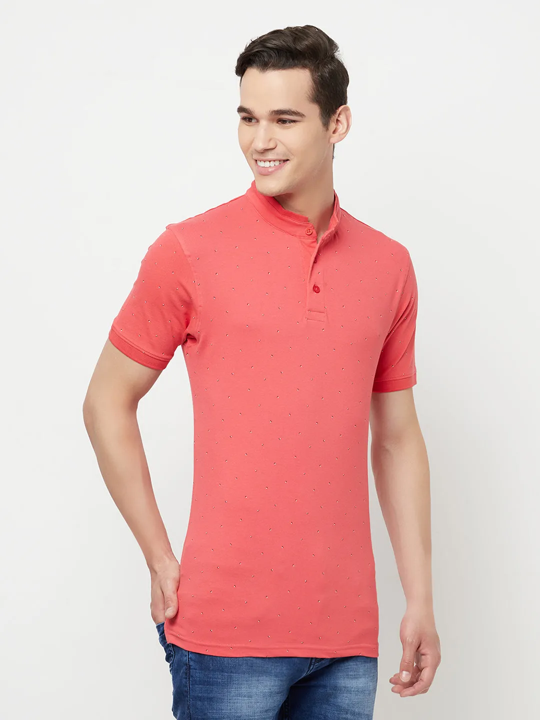 Pink Printed Mandarin Collar T-Shirt