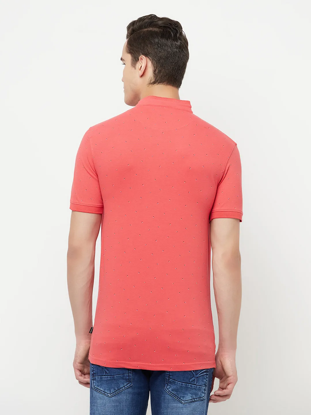 Pink Printed Mandarin Collar T-Shirt