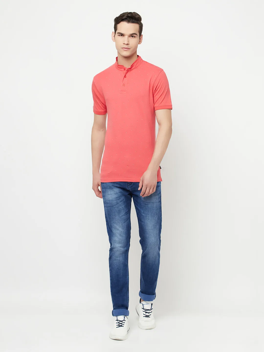 Pink Printed Mandarin Collar T-Shirt