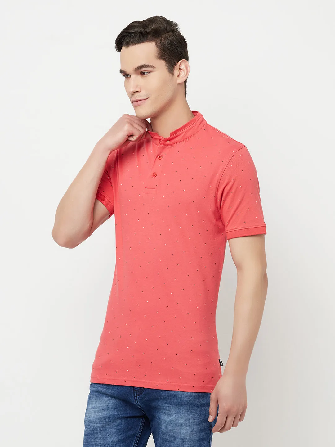 Pink Printed Mandarin Collar T-Shirt
