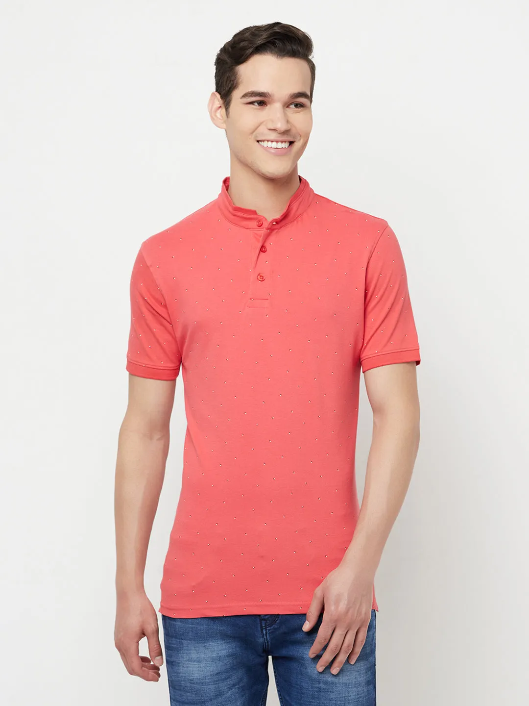 Pink Printed Mandarin Collar T-Shirt