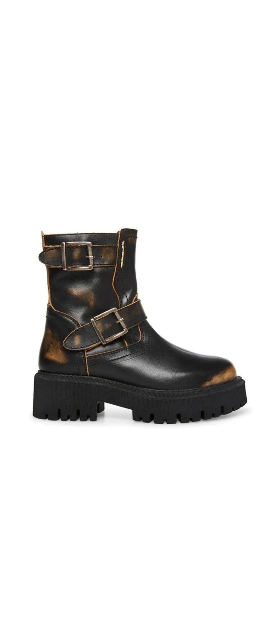Steve Madden Excursion Black Distressed Buckle Strap Round Toe Motorcycle Boots