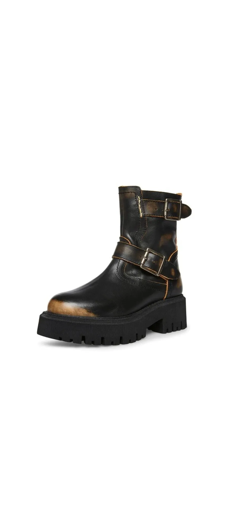 Steve Madden Excursion Black Distressed Buckle Strap Round Toe Motorcycle Boots