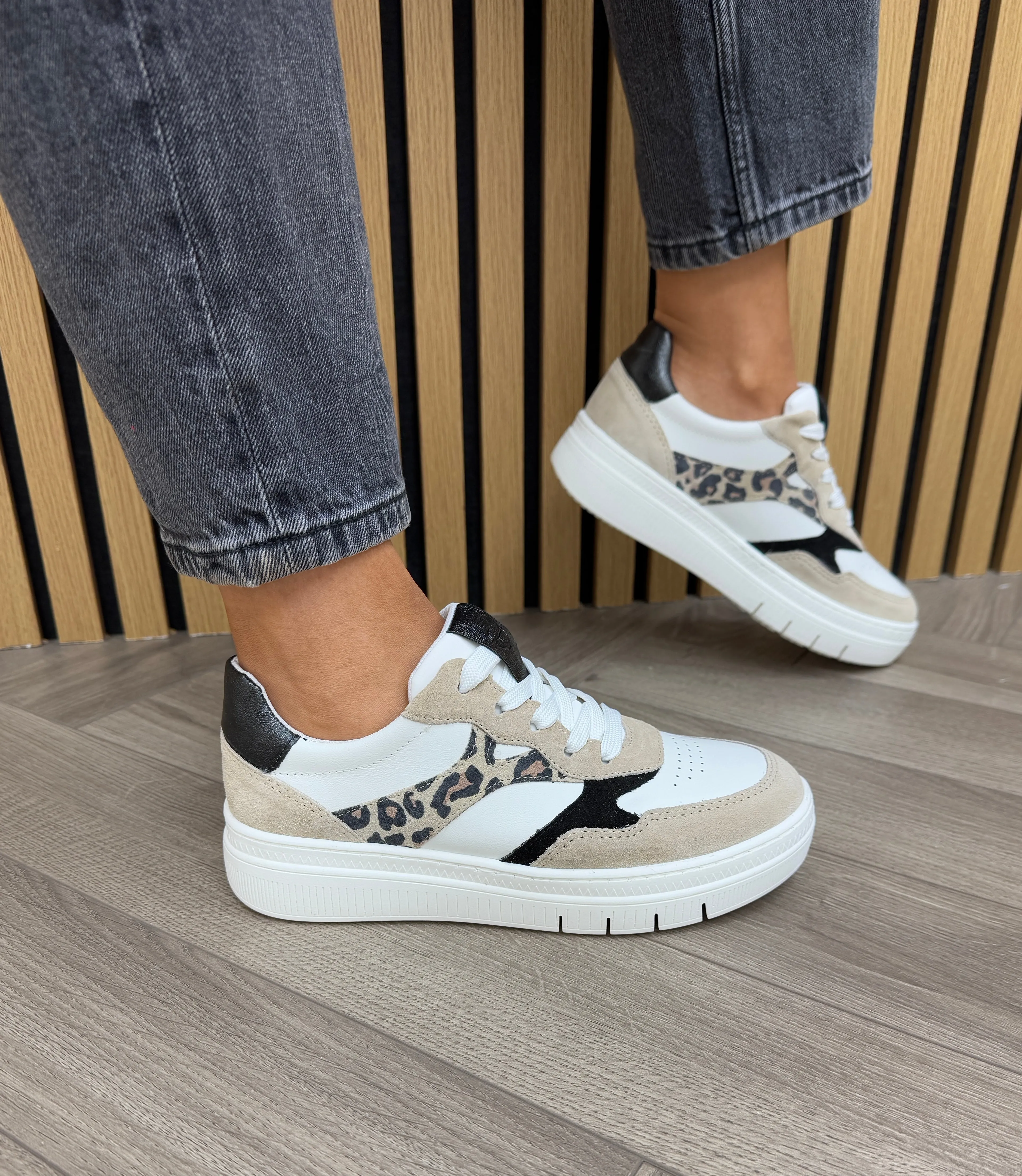 Tamaris (SS25) Lace Up Trainer with Leopard Print Insert - Leopard Comb (T24)