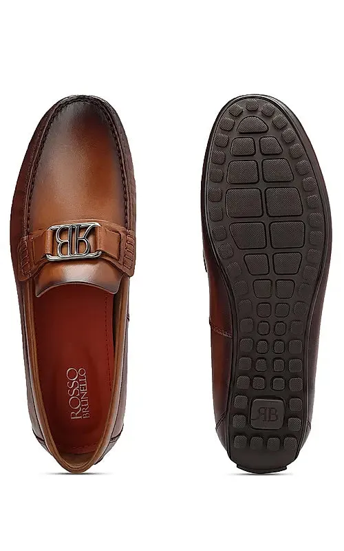 Tan Leather Moccasins With Logo