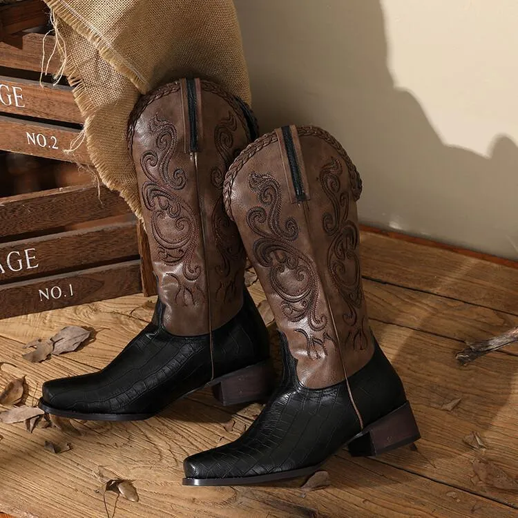 Vintage Western Pointed-Toe Chunky Heel High Knee-High Riding Boots