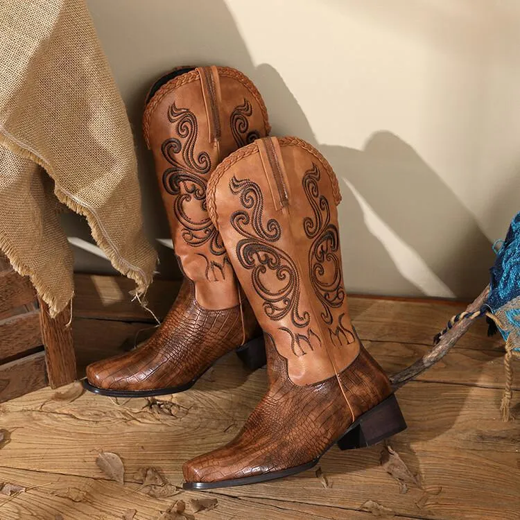 Vintage Western Pointed-Toe Chunky Heel High Knee-High Riding Boots