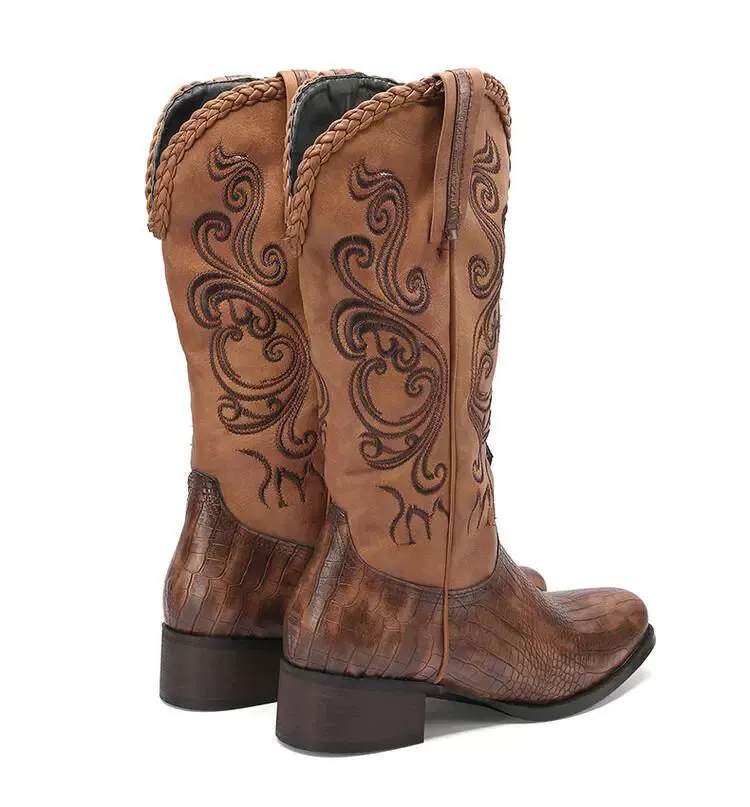 Vintage Western Pointed-Toe Chunky Heel High Knee-High Riding Boots