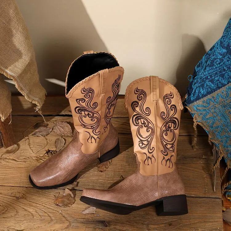 Vintage Western Pointed-Toe Chunky Heel High Knee-High Riding Boots