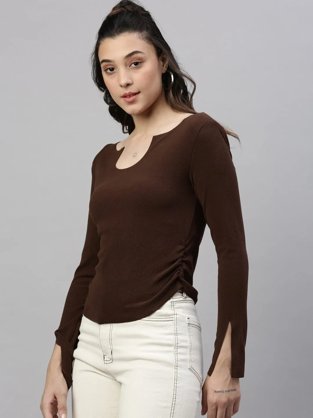 Women Brown Solid Ruched Round Neck Acrylic Top