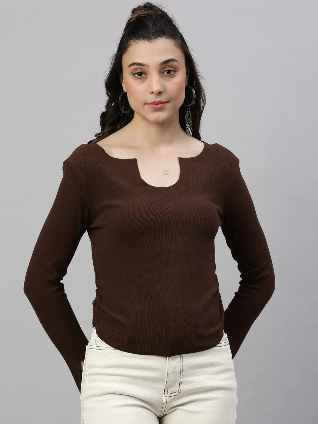 Women Brown Solid Ruched Round Neck Acrylic Top