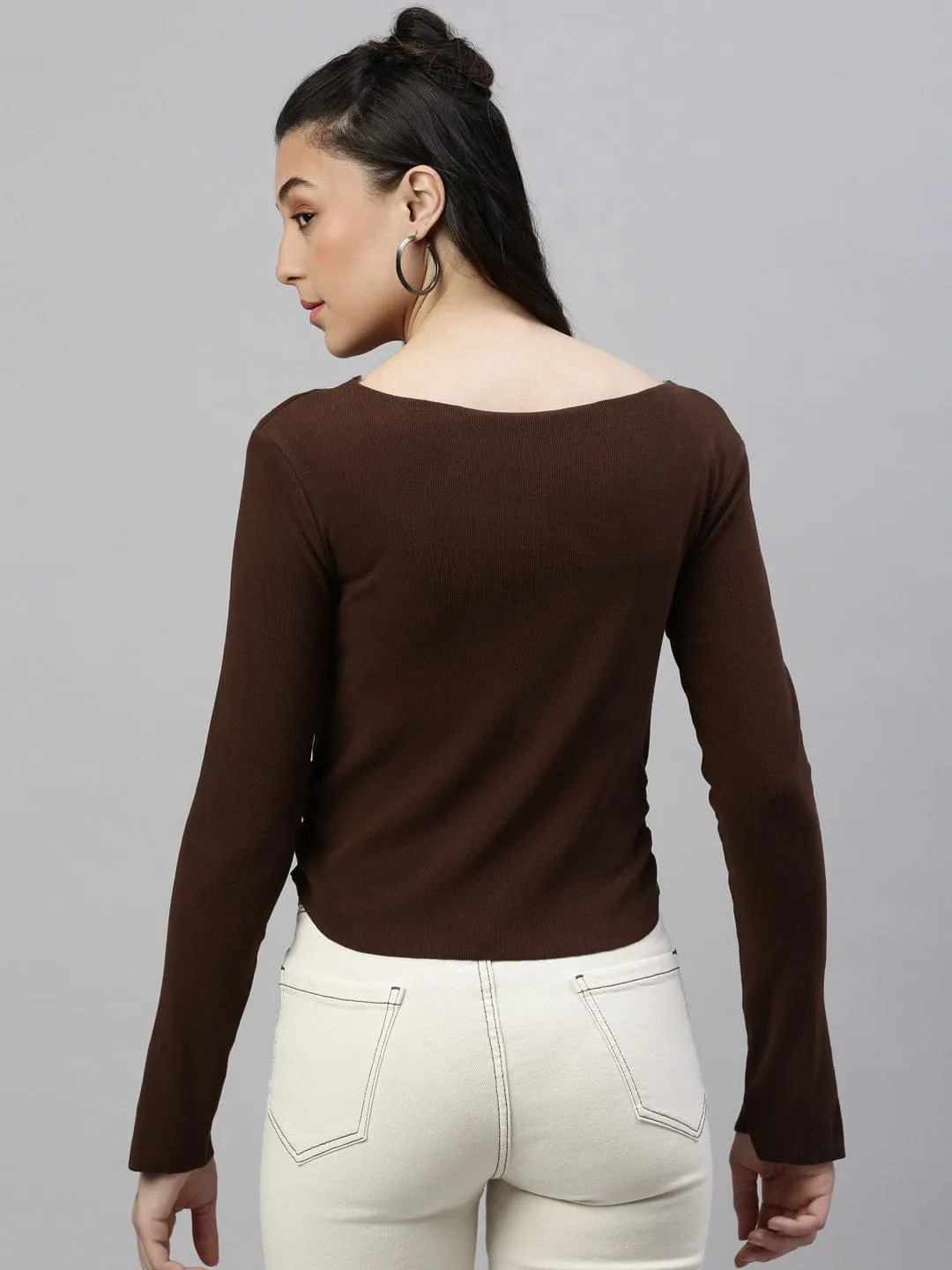 Women Brown Solid Ruched Round Neck Acrylic Top