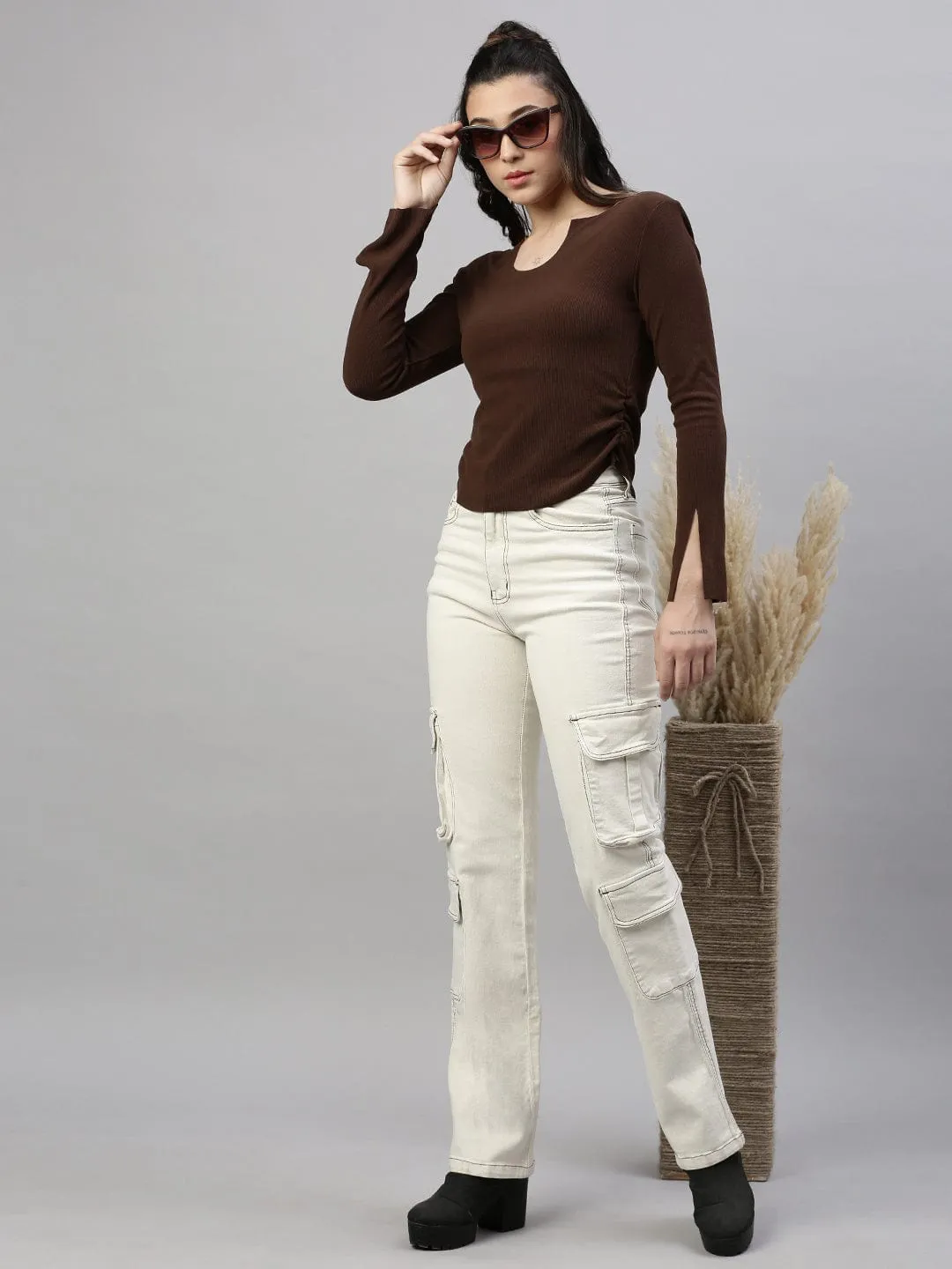Women Brown Solid Ruched Round Neck Acrylic Top