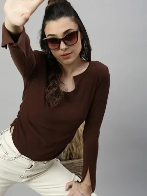 Women Brown Solid Ruched Round Neck Acrylic Top