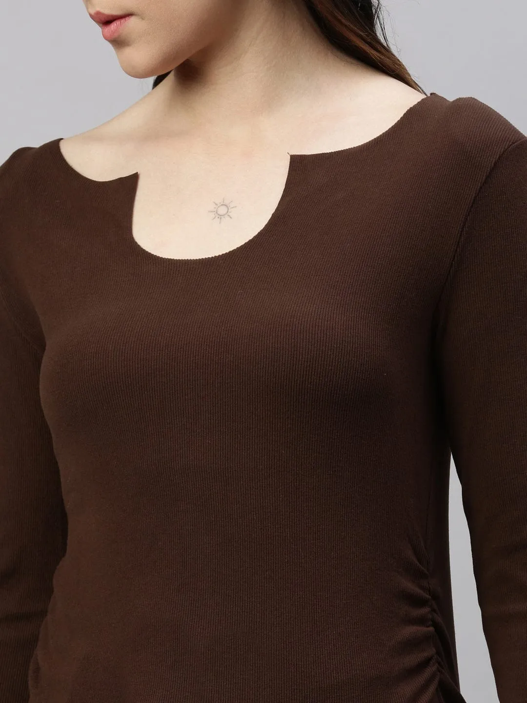Women Brown Solid Ruched Round Neck Acrylic Top