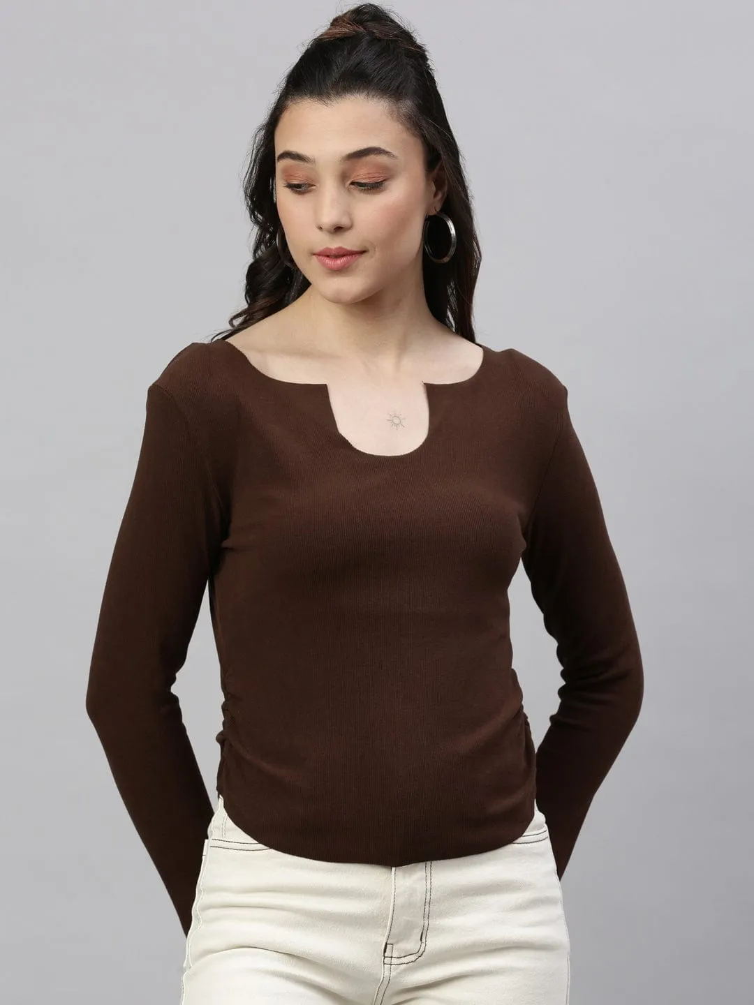 Women Brown Solid Ruched Round Neck Acrylic Top