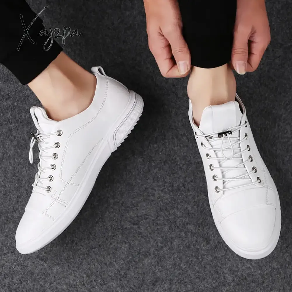 Xajzpa - Classic White Sneakers Men Casual Leather Shoes Male Lace-Up Genuine Leather Flats Fashion Korean Simple Footwear Size 47