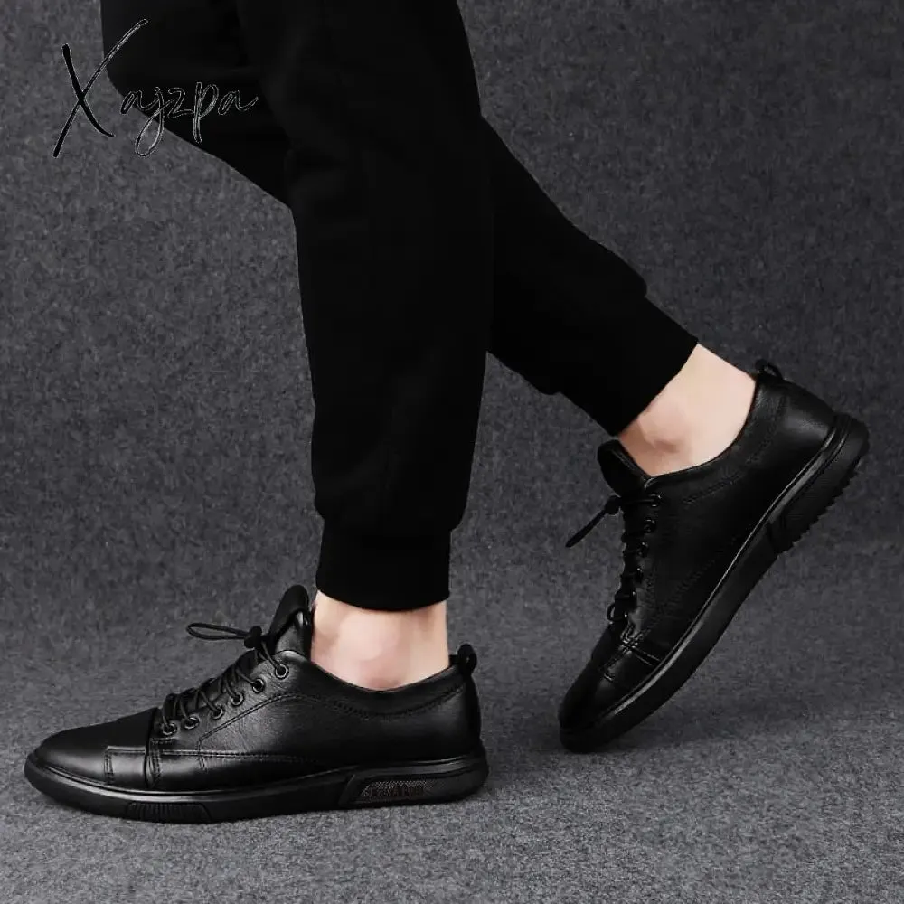 Xajzpa - Classic White Sneakers Men Casual Leather Shoes Male Lace-Up Genuine Leather Flats Fashion Korean Simple Footwear Size 47