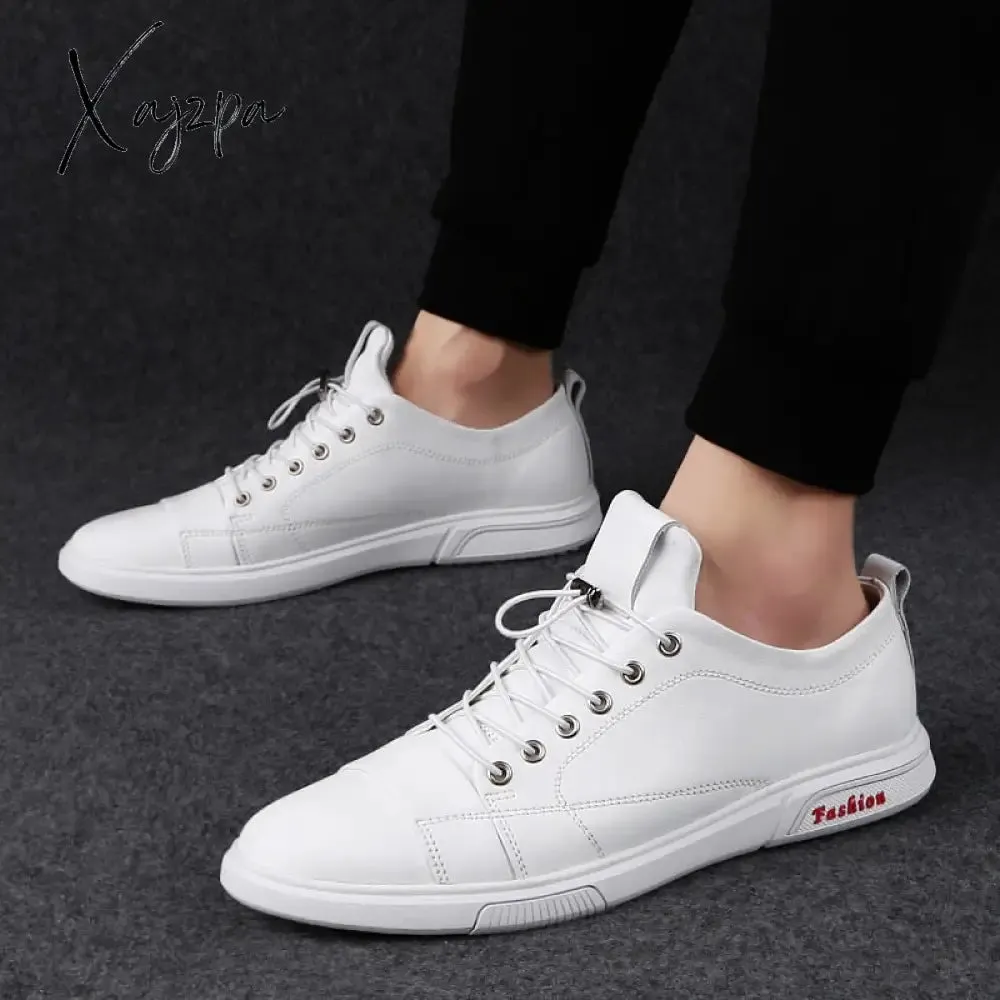Xajzpa - Classic White Sneakers Men Casual Leather Shoes Male Lace-Up Genuine Leather Flats Fashion Korean Simple Footwear Size 47