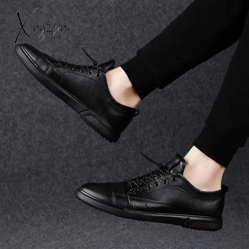 Xajzpa - Classic White Sneakers Men Casual Leather Shoes Male Lace-Up Genuine Leather Flats Fashion Korean Simple Footwear Size 47
