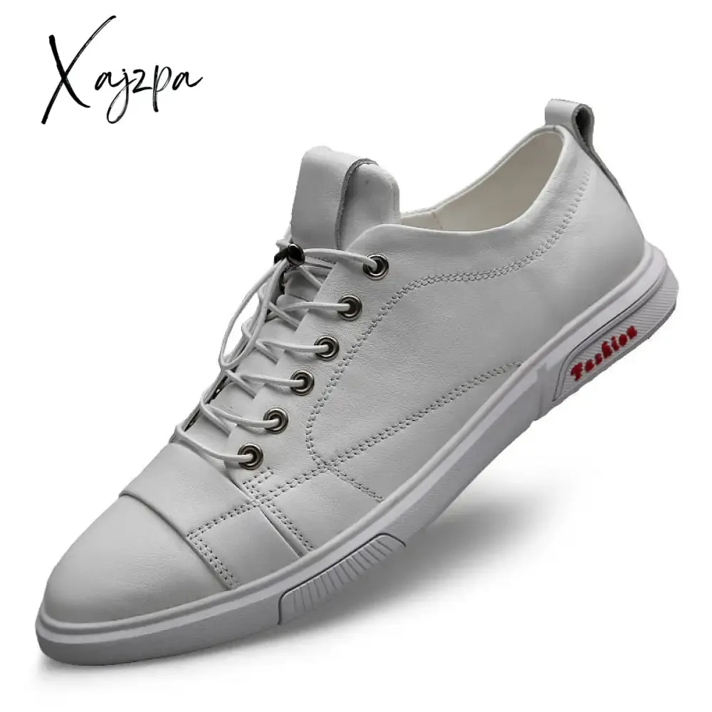 Xajzpa - Classic White Sneakers Men Casual Leather Shoes Male Lace-Up Genuine Leather Flats Fashion Korean Simple Footwear Size 47