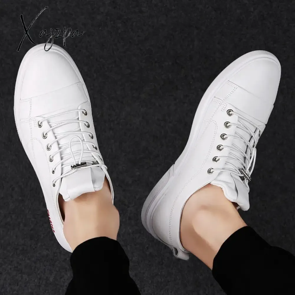 Xajzpa - Classic White Sneakers Men Casual Leather Shoes Male Lace-Up Genuine Leather Flats Fashion Korean Simple Footwear Size 47
