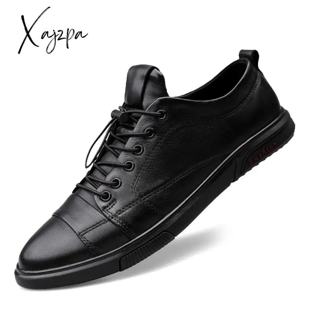 Xajzpa - Classic White Sneakers Men Casual Leather Shoes Male Lace-Up Genuine Leather Flats Fashion Korean Simple Footwear Size 47
